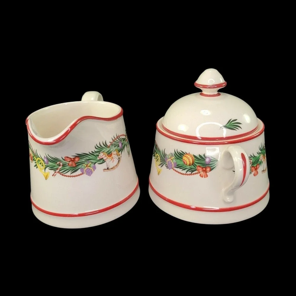 Spode Christmas Memories Creamer Sugar‎ Bowl With Lid Set England Discon Vintage